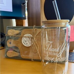House Warming - Glass Jar with Bamboo Lid and Straw & Small Cutting Board